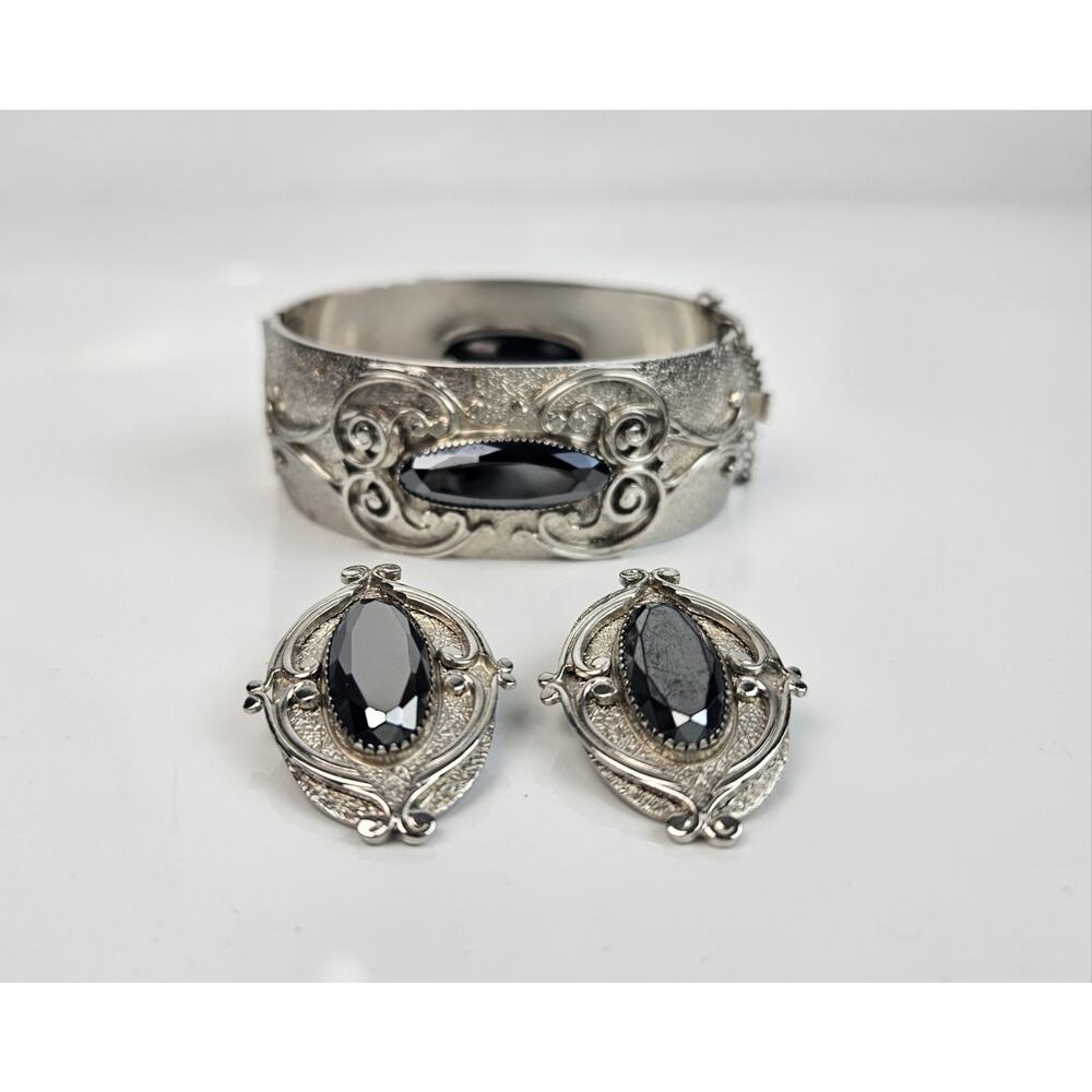 Vintage Whiting Davis‎ Bracelet & Clip Earrings Faceted Hematite Silver Tone